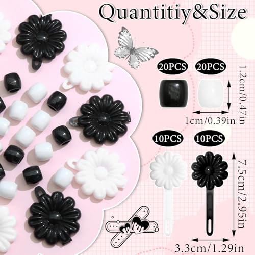 Venofen 60Pcs Black & White Braids Beads & Flower Barrettes for Hair - Dreadlock Accessories (Black & White)