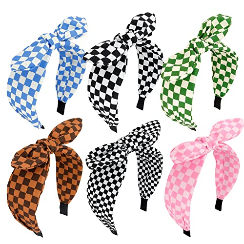 Buffalo Plaid Bunny Ears Headbands - 6 Pack Knotted Hair Accessories