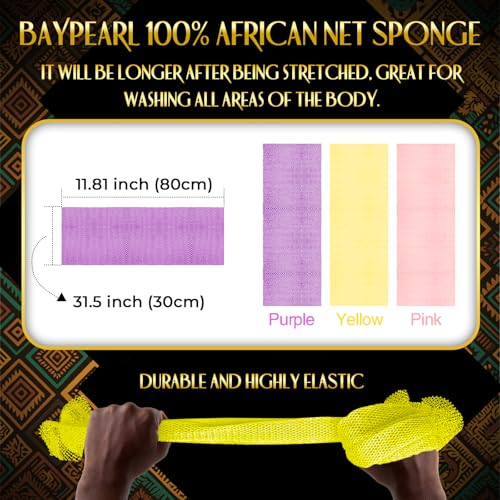 UJFQBH 3 Pieces African Bath Sponge African Net Long Net Bath Sponge Exfoliating Shower Body Scrubber Back Scrubber Skin Smoother,Great for Daily Use (Pink,Yellow,Purple)
