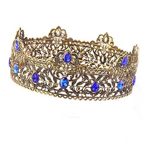 Dark Gold Blue Stone Men's Crown - King Crown for Parties & Events