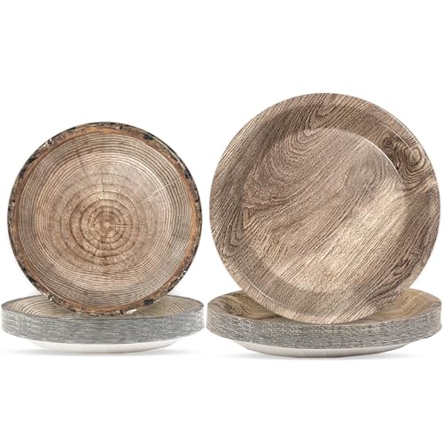 Lumberjack Party Plates Set - 48 Rustic Wooden Tree Plates