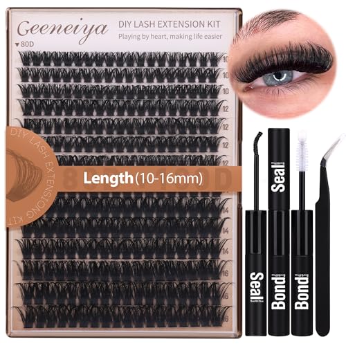 Geeneiya Volume Lash Clusters Kit DIY Lash Extension Kit D Curl Eyelash Extensions with Waterproof Lash Bond and Seal Waterproof Tweezers,10-16MM Cluster Lashes 300Pcs