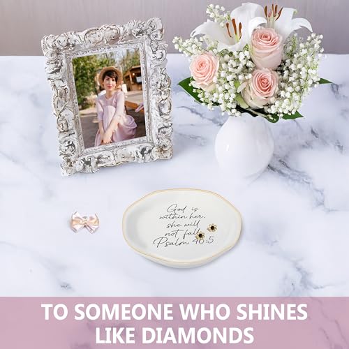 Inspirational Floral Ceramic Jewelry Dish with Bible Verse - 4.6"
