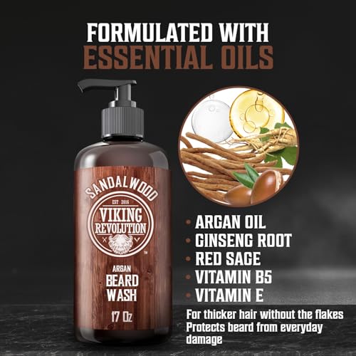 Viking Revolution Beard Wash Shampoo w/Argan & Jojoba Oils - Softens & Strengthens - Sandalwood Scent - 17 oz Shampoo