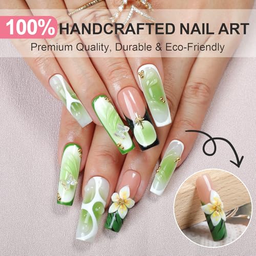 XGV Handmade Long Square Nails L/0034 | Summer Pastel Gradient with Floral & 3D Butterfly Design