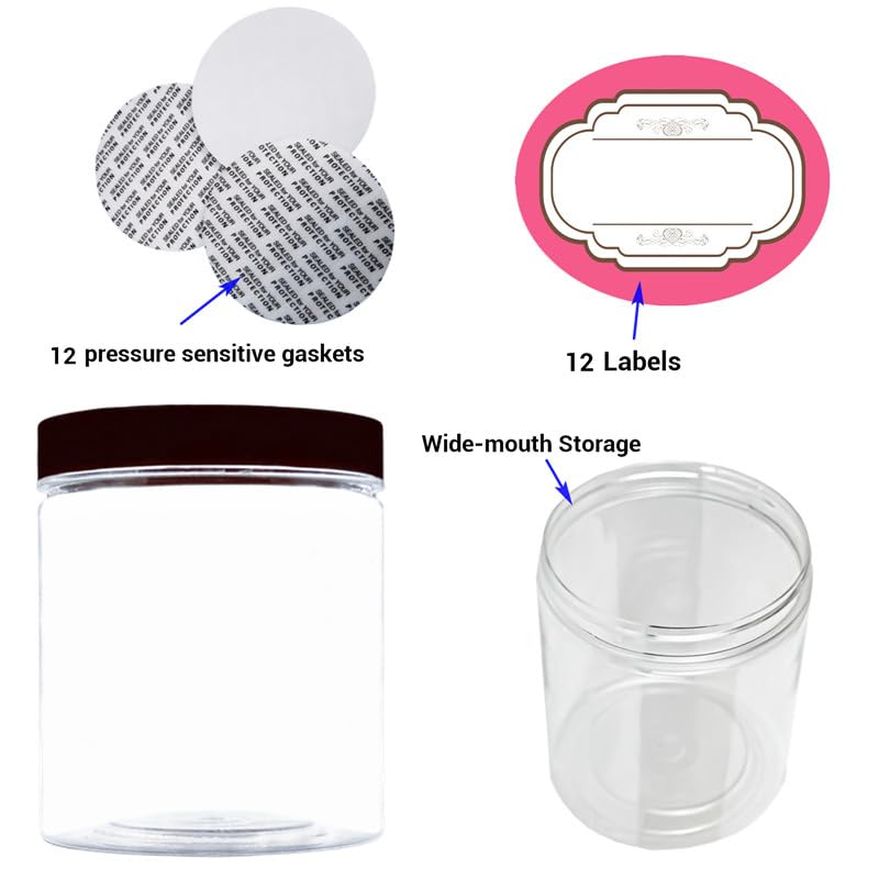 8oz Plastic Jars with Lids - 12 Pack Clear Storage Containers