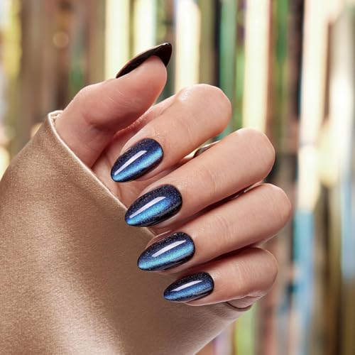 VSALON Almond Short Press on Nails Mini Pack - Dark Blue Cat Eye
