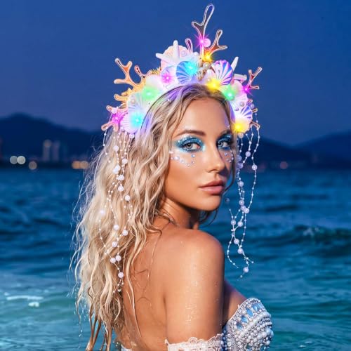 JEAIRTS LED Mermaid Seashell Headband with Starfish & Pearl Tassels