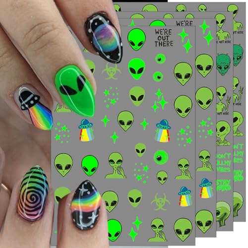 Glow in the Dark Alien Nail Art Stickers - 4 Self-Adhesive Sheets