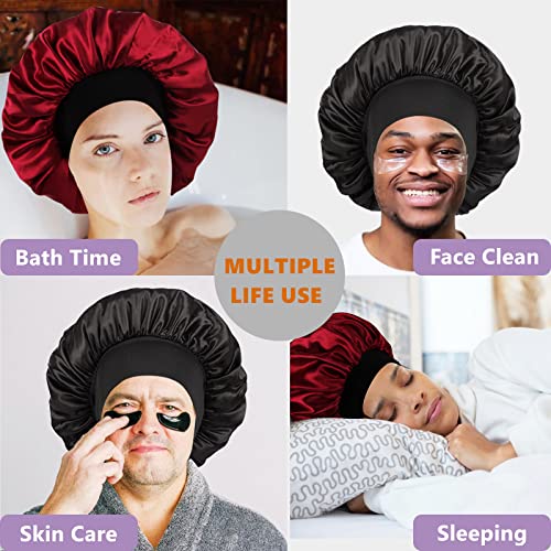 Himoswis Satin Sleep Bonnet for Men & Women Black/Burgundy - Reversible Hair Cap