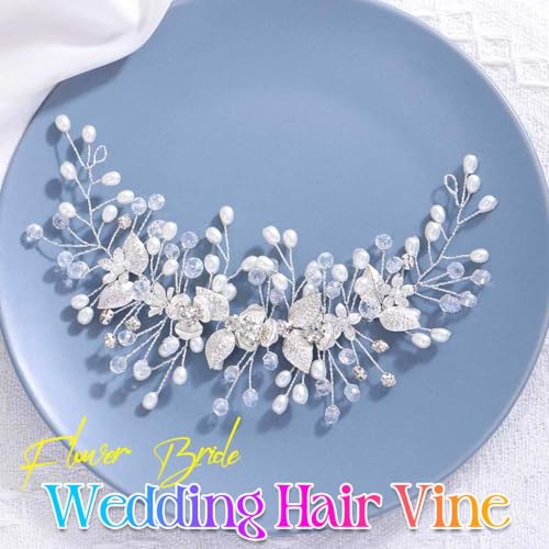 EASEDAILY Silver Pearl Wedding Hair Vine - Floral Bridal Headpiece