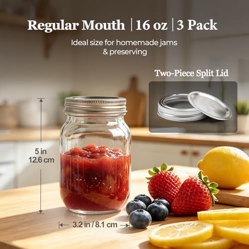 ComSaf 16 oz Mason Jars with Lids - 3 Pack Canning Jars