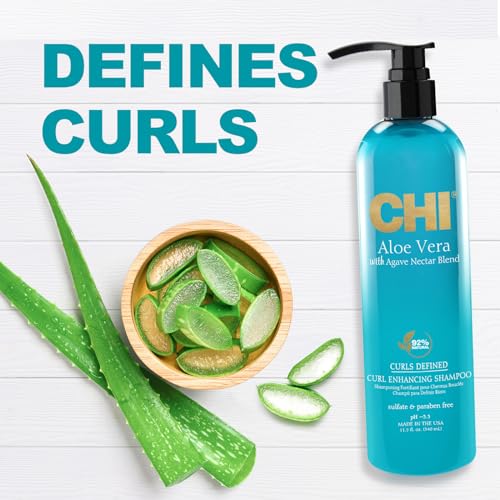CHI Aloe Vera Curl Enhancing Shampoo, Sulfate-Free Hydrating Hair Care, 11.5 Oz