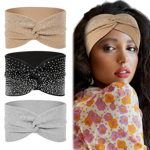 MBAIYO 3-Pack Sparkly Crystal Headbands - Elastic Rhinestone Wide Headbands in Black, Khaki, Light Gray