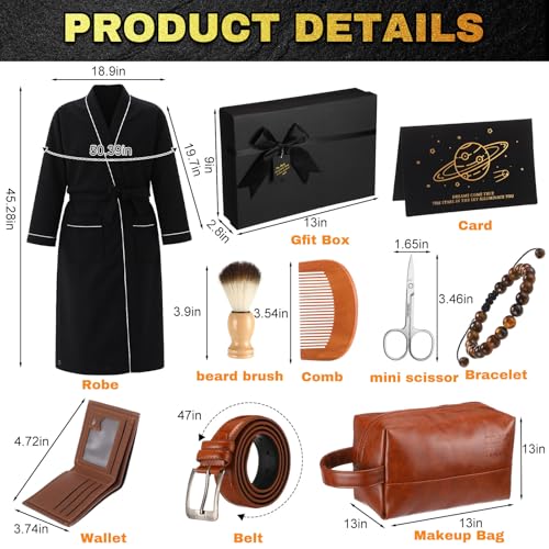 Shyyween 10 Pcs Birthday Gifts Baskets for Men Father Gift Get Well Soon Gifts Beard Care Set Graduation Gift for Him with Bathrobe, Wallet, Beard Comb & Brush Set for Dad Boyfriend Husband(Brown)