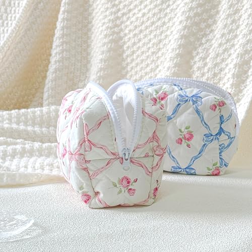 Blue Bow Small Floral Makeup Bag for Purse, Quilted Cosmetic Zipper Pouch