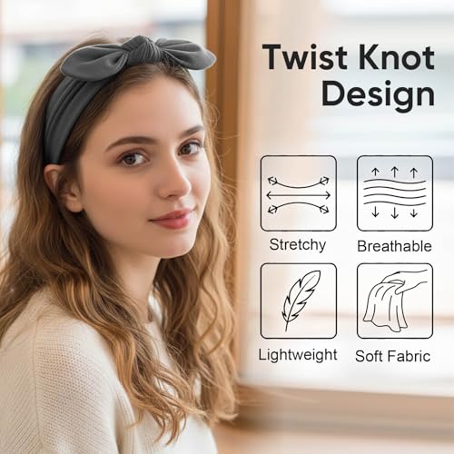 DRESHOW 8 Pack Women's Bow Knotted Rabbit Ears Headbands - Non-Slip Elastic Hair Wraps for Sport & Fashion