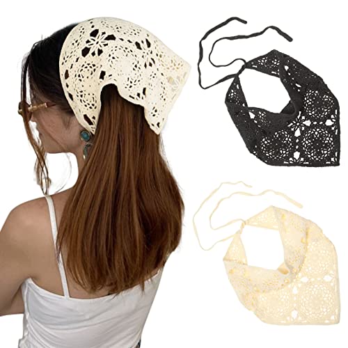 AWAYTR 2Pcs Black & White Crochet Boho Headband Set