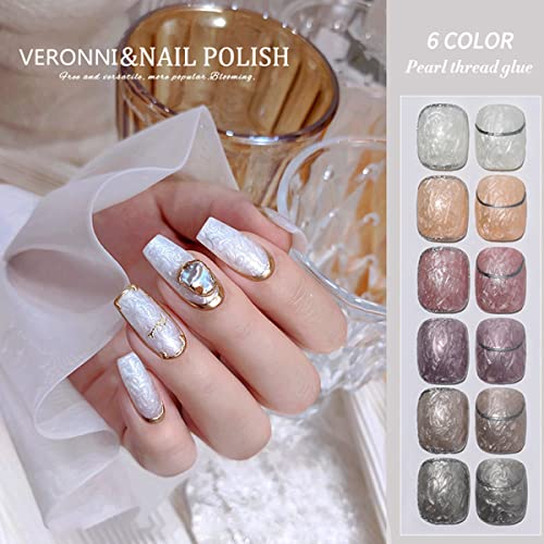 Pearl Gel Nail Polish Kit 6 Colors with Shell Thread Glitter for DIY Manicure