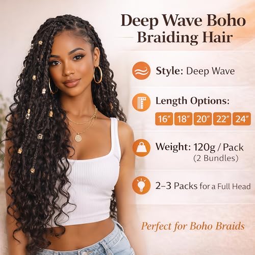 Jinhui 18-Inch Deep Wave Boho Braiding Hair, Synthetic Blend Bulk Extensions