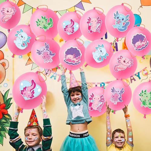 Axolotl Party Favor Pack - 24 Pink Punch Balloons & 48 Tattoos