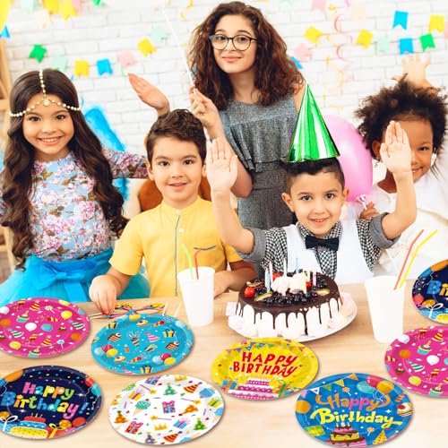 60-Pack Colorful Happy Birthday Plates - 7” Disposable Tableware