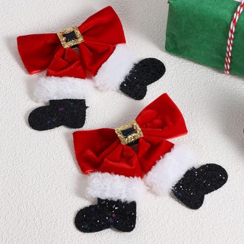 Red Velvet Christmas Hair Bows 2pc Glitter Santa Clip & Hairpin Set - Miroksh