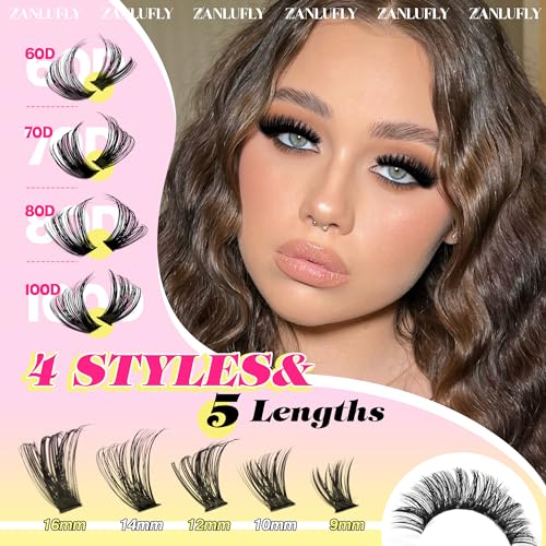 Zanlufly 560 Pcs Lash Clusters D-Curly Volume Eyelash Extensions DIY Natural & Thick