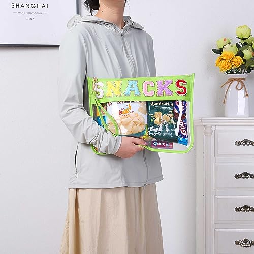 Clear Chenille Letter Tote Bag - Green SNACKS Transparent Waterproof Purse