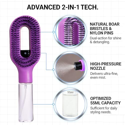 2-in-1 Purple Hair Brush with Water Spray - Detangler for Frizz Control