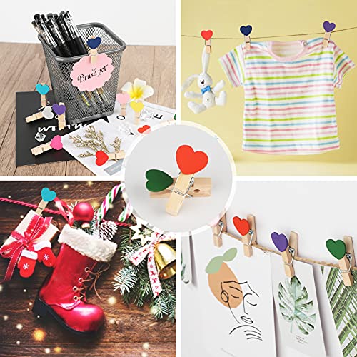jijAcraft 100 Pcs Colorful Heart Wooden Photo Clips with Twine