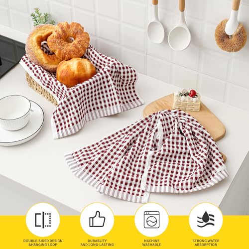 Cotton Kitchen Towels Set - Absorbent Dish Drying Cloths, 16" x 26", 4 Pack (Wine Red & Black)