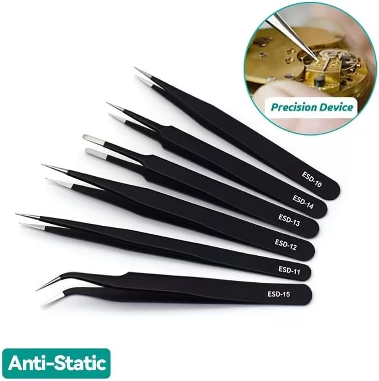 Precision Tweezers Set - 6-Piece Heavy-Duty Fine-Point Tweezers for Electronics Repair & Crafting | Pointed & Curved Tips