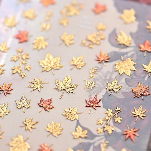 Sutaozhi Maple Leaf Stickers Style 12 - Fall Nails Art Decals, Gold Glitter Autumn Design, Thanksgiving Nail Decor, 1PCS