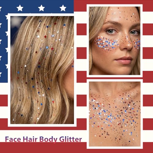 Mysense Red White and Blue Face Hair Body Glitter Stick with Star Sequins,4th of July Outfits for Women Kids,Patriotic USA Accessories for Independence Day Memorial Day 250 Anniversary