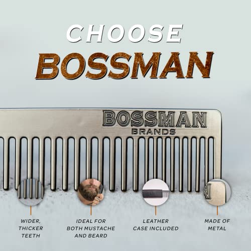 Bossman Metal Comb with Leather Case - Dual-Teeth Design for Beard & Mustache Care