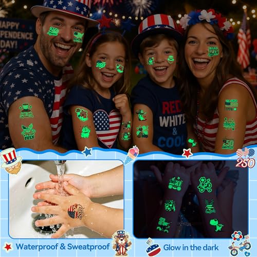 108PCS 4th of July Temporary Tattoos Kids, 250th Anniversary USA Glow in the Dark Fourth of July Birthday Decorations for Patriotic Party Favors, Red White and Blue Accessories Gifts Independence Day