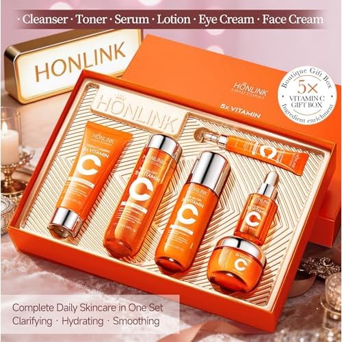 6-Piece Hydrating Vitamin C Skincare Set with Niacinamide, Daily Face Care Routine Includes Cleanser, Toner, Serum, Moisturizer, Eye Cream & Body Lotion for Self Care