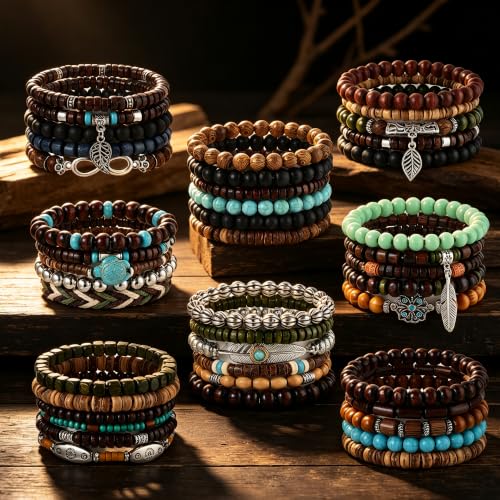 SONNYX 43Pcs Gothic Wooden Beaded Bracelets for Men