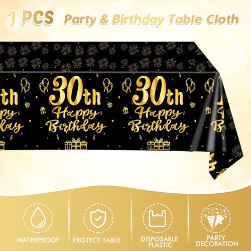 30th Birthday Party Decoration Set - Black Gold Plates, Napkins & Tablecloth