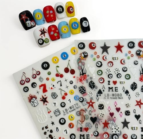 3D Cartoon Nail Stickers - Pool & Dice Design Decals (2 Sheets)