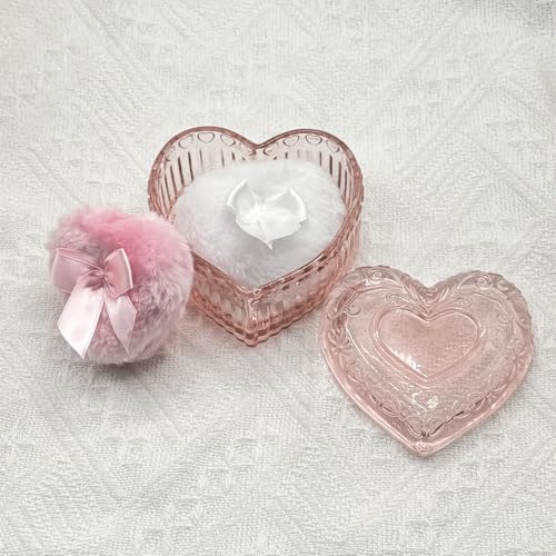 Pink Heart Glass Powder Puff Container with 2 Soft Puffs
