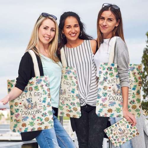 Dragon Print Canvas Tote Bag with Matching Cosmetic Zipper Pouch Set