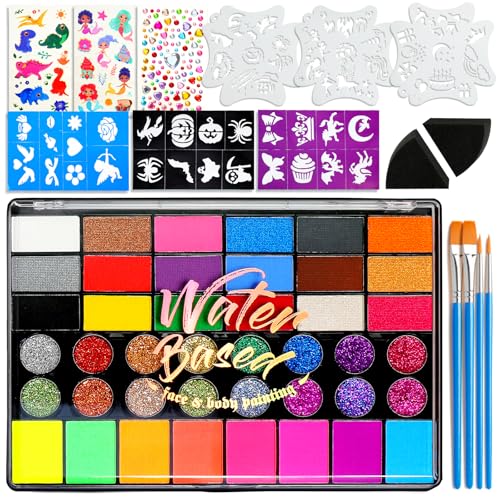 42-Color Face Painting Kit – Non-Toxic Water-Based Paint Set with Brushes & Stencils for Halloween, Cosplay & Festivals