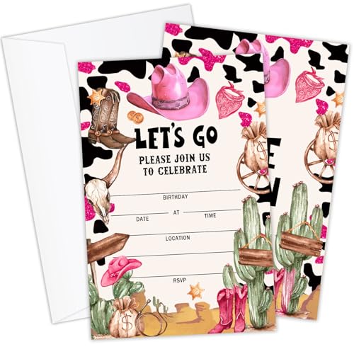 Cowgirl Birthday Invitation Cards with Envelopes - 20 Pack