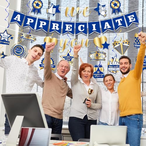 We Appreciate You Banner Decorations - Blue Gold Party Streamers
