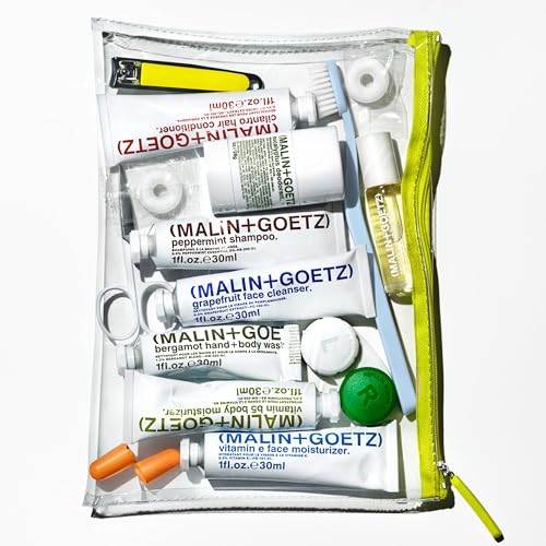 MALIN+GOETZ Best-Sellers Travel Kit | Six Everyday Essentials for Face, Body + Hair | Grapefruit Face Cleanser, Vitamin E Face Moisturizer, Peppermint Shampoo + More | Vegan, Travel-Friendly(6 x 1 oz)