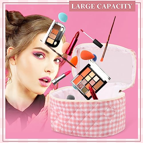Paterr Pink Quilted Cotton Makeup Bag Set 3 Pcs Travel Cosmetic Organizer