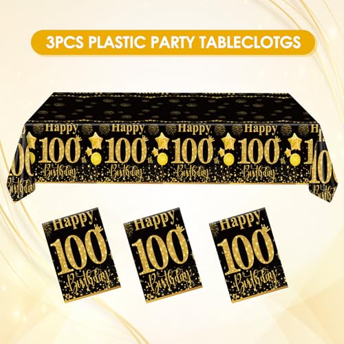 100th Birthday Tablecloth Set - 3 Black & Gold Covers for Party