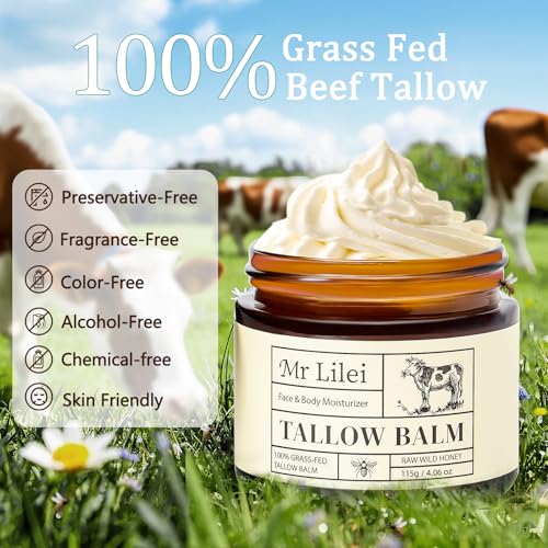 Deep Moisturizing Organic Grass-Fed Beef Tallow Balm with Raw Honey - 115g Unscented Skin Care Cream for Face & Body